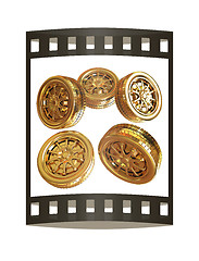 Image showing Golden wheels Set isolated on white. Top view. 3d illustration. 