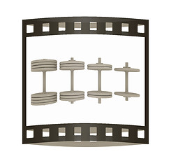 Image showing dumbbells. 3d illustration. The film strip.