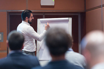 Image showing Skiled Businessman Presenting a Project to His Work Team at Informal Company Meeting.