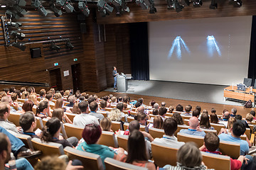 Image showing Business speaker giving a talk in conference hall.