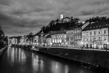 Image showing Evening panorama of riverfront of Ljubljana, Slovenia.