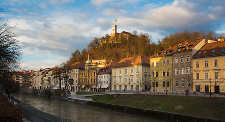 Image showing Sunset panorama of riverfront of Ljubljana, Slovenia.