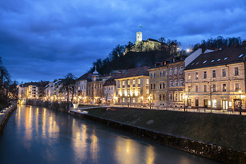 Image showing Evening panorama of riverfront of Ljubljana, Slovenia.