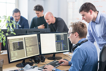 Image showing Startup business problem solving. Software developers working on desktop computer.