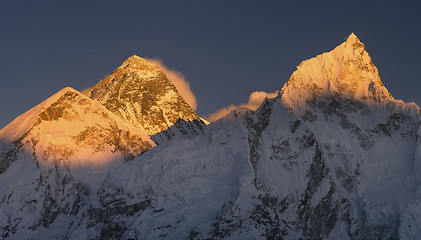 Image showing Everest and Nuptse summits at sunset or sunrise