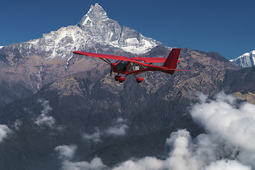 Image showing Ultralight plane flies over Pokhara and Annapurna region