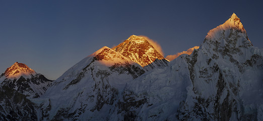 Image showing Everest and Nuptse summits at sunset or sunrise