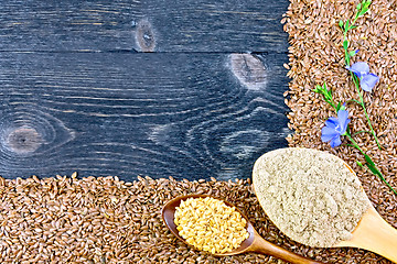 Image showing Flour and seeds flax in spoons on black board