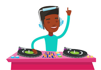 Image showing DJ mixing music on turntables vector illustration.