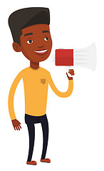 Image showing Young man speaking into megaphone.