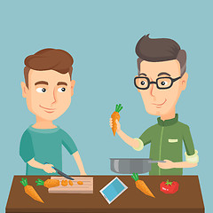 Image showing Men cooking healthy vegetable meal.