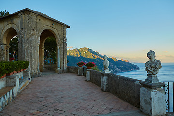 Image showing Scenic picture-postcard view of famous Amalfi Coast with Gulf of Salerno from Villa Cimbrone gardens in Ravello, Naples, Italy