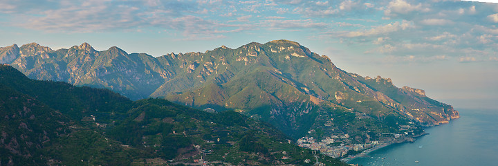 Image showing High angle view of Minori and Maiori, Amalfi coast, Italy