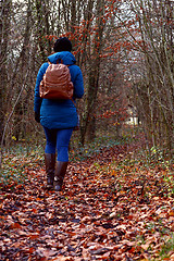 Image showing Woman hiking through fall woodland, dressed in a warm jacket