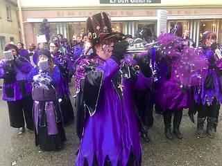 Image showing Traditional carnival in South Germany - Swabian-Alemannic Fastnacht. A local group is performing traditional Guggenmusik, brass and percussion music.