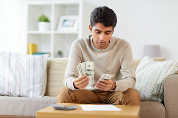 Image showing man with calculator counting money at home