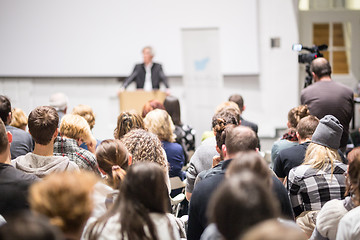 Image showing Business speaker giving a talk at business conference event.