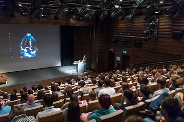 Image showing Business speaker giving a talk in conference hall.