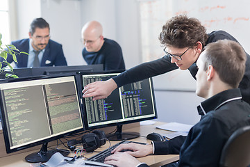 Image showing Startup business problem solving. Software developers working on desktop computer.