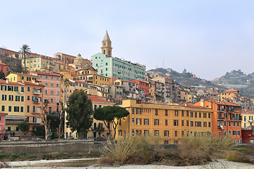 Image showing Colorful houses in old town of Ventimiglia, Imperia, Liguria, It