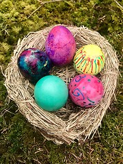 Image showing Easter Eggs in straw nest