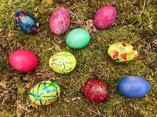 Image showing Happy Easter - Colourful Easter eggs in green moss.