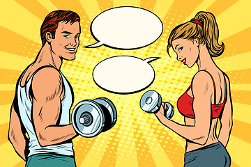 Image showing man and woman with dumbbells, comic strip dialogue bubble