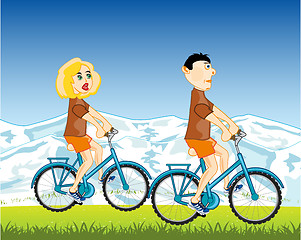 Image showing Man and woman ride on bicycle