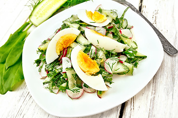 Image showing Salad with radish and egg in plate on board