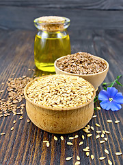 Image showing Flaxen white and brown seed in bowl with oil on board