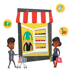 Image showing African man and woman using mobile shopping.