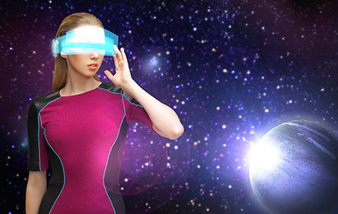 Image showing woman in virtual reality glasses over space