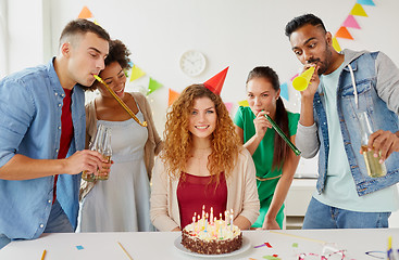 Image showing happy coworkers with cake at office birthday party