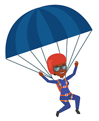 Image showing Young happy woman flying with parachute.