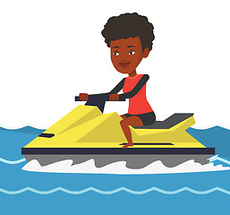 Image showing African-american woman training on jet ski in sea.