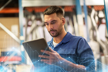 Image showing auto mechanic or smith with tablet pc at workshop