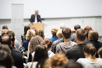 Image showing Business speaker giving a talk at business conference event.