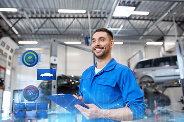 Image showing happy mechanic man with clipboard at car workshop