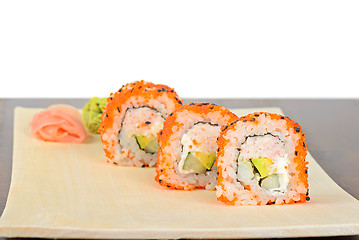 Image showing Closeup California maki sushi in row