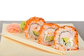 Image showing Closeup California maki sushi in row