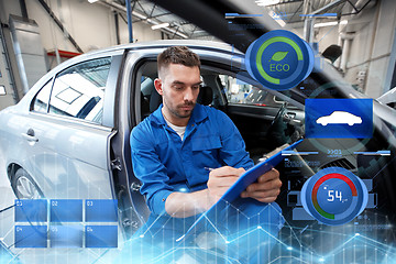 Image showing auto mechanic man with clipboard at car workshop