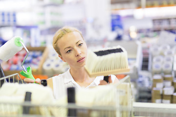 Image showing Young independent woman buying tools for house decoration in paint supplies shop.