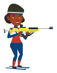 Image showing Cheerful biathlon runner aiming at the target.