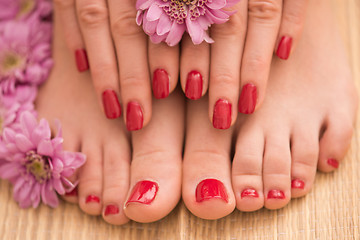 Image showing female feet and hands at spa salon