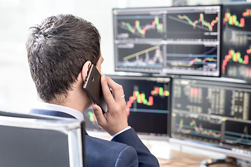 Image showing Over the shoulder view of computer screens and stock broker trading online.