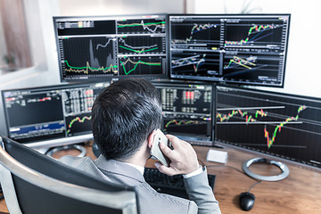 Image showing Over the shoulder view of computer screens and stock broker trading online.