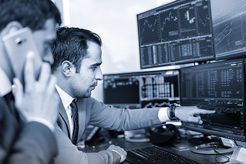 Image showing Stock brokers trading online in corporate office.