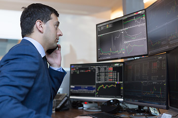 Image showing Stock broker trading online watching charts and data analyses on multiple computer screens.