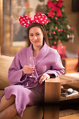 Image showing woman drinking champagne at spa