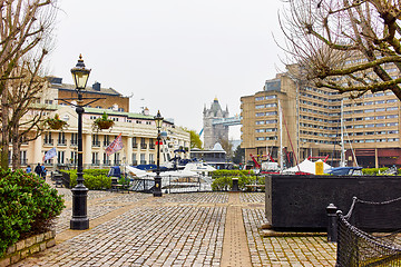 Image showing Old lantern and yachts in St Katharine Docks